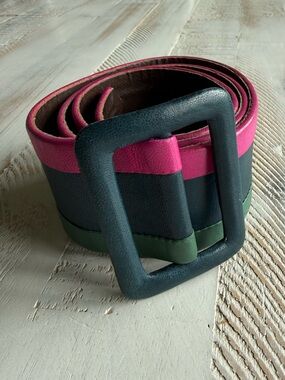 Bally Color Block Leather Belt Green Navy Pink Size 75 (33 inches long)